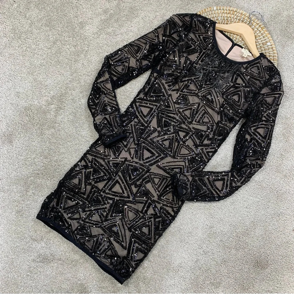 NWT Tea & Cup Los Angeles Bodycon Sequined Cocktail Dress Longsleeve in Black M